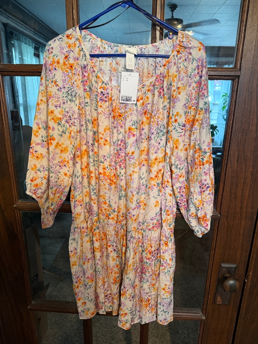 HM Womens Floral Ruffle Mini Dress Orange Purple 3/4 Sleeve NWT Size M 0998905